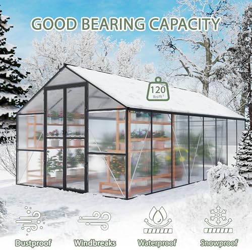 8 x 12 FT Outdoor Greenhouse, Heavy-Duty Polycarbonate Greenhouse with Aluminum Frame, Lockable Door, Adjustable Roof Vent, Walk-in Green House for Backyard, Garden, Patio
