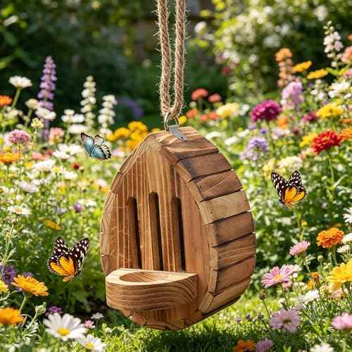 Butterfly House Butterfly Habitat Garden - Wooden Butterfies Houses with Feeder Hanging Garden Decoration Natural Butterfly Habitat Nesting Box for Butterflies Bugs Moths & Lacewings