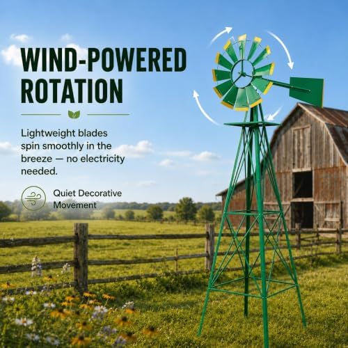 8FT Windmill for Yard Garden Decoration，Heavy Duty Outdoor Wind Mills, Large Metal Outdoor Windmill, Weather Resistant,Green