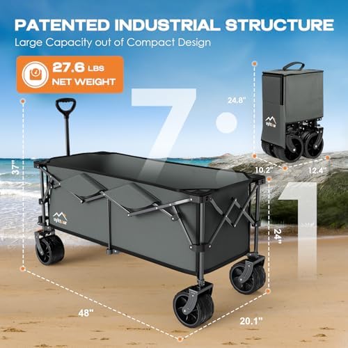 Uyittour 300L Extra Large Collapsible Foldable Wagon, 440lbs Load Capacity 48''L Extended Heavy Duty Folding Beach Wagon with Big All-Terrain Wheels, Utility Garden Cart for Outdoor Activities, Gray