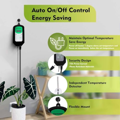 Greenhouse Heater with Thermostat, 1500W Electric Heater Auto Temperature Control Kit Digital Display, Fast Heating, Overheat Protection, for Grow Tent, Greenhouse, Flower Room, Winter Plants, Patio