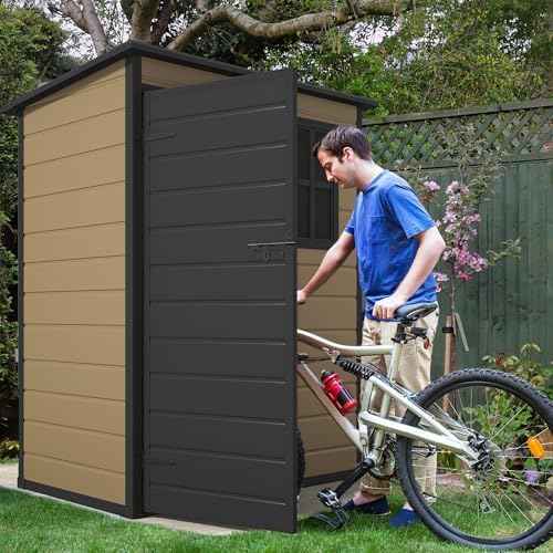 DWVO 5x3ft Resin Outdoor Storage Shed with Floor, Waterproof Lockable Storage Shed with Window, Plastic Outside Tool Storage for Garden, Backyard, Patio, Lawn, Brown
