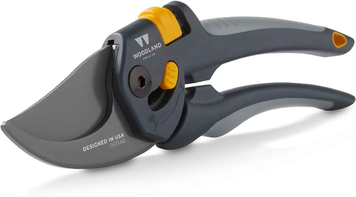 Woodland Tools Co. Heavy Duty Bypass Pruning Shears – 5/8" Cut Capacity, High Carbon Steel Blade, Internal Spring, Adjustable Grip Slider, Garden Hand Pruner for Plants, Shrubs, and Live Stems