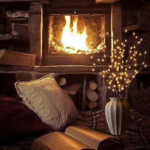 Set of 2 3PK 30" Brown Lighted Twig Stakes 120 Warm White Pathway Light for Outdoor and Indoor (Vase Excluded)