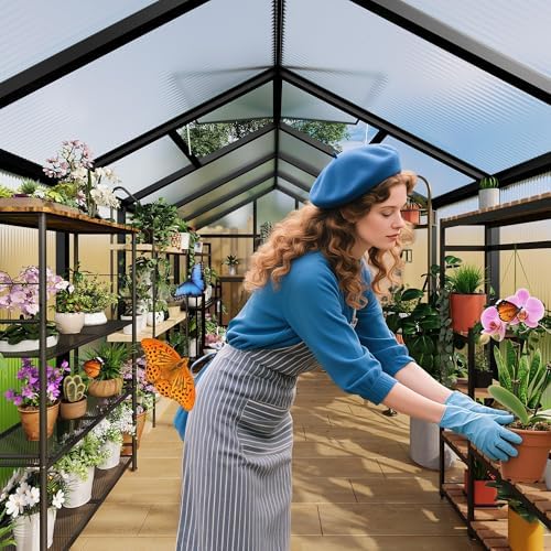 6x10 FT Greenhouse, Outdoor Sliding Door, Polycarbonate Greenhouse with Aluminum Frame, Lockable Door and Ajustable Roof Vent for Backyard, Outside Garden Backyard, Patio, Black