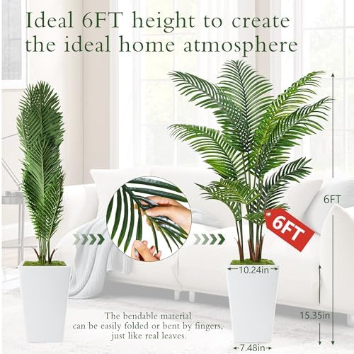 Flydeer 6FT Artificial Palm Tree with Tall White Planter, Floor Plant