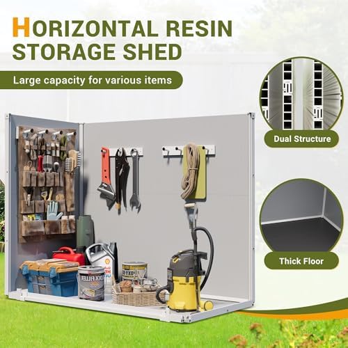 41 Cu.Ft Storage Shed Outdoor Horizontal Resin Shed Plastic Garden Shed with Floor Waterproof Storage Deck Box Outside Storage Container with Lockable Door for Patio (Light Grey)