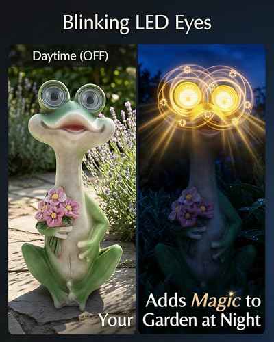 Solar Frog Garden Statue with Blinking Light-Up Eyes, Resin Outdoor Garden Decor Frog Holding Flowers, Waterproof Animal Figurine for Patio Lawn Yard Porch Balcony (Green)