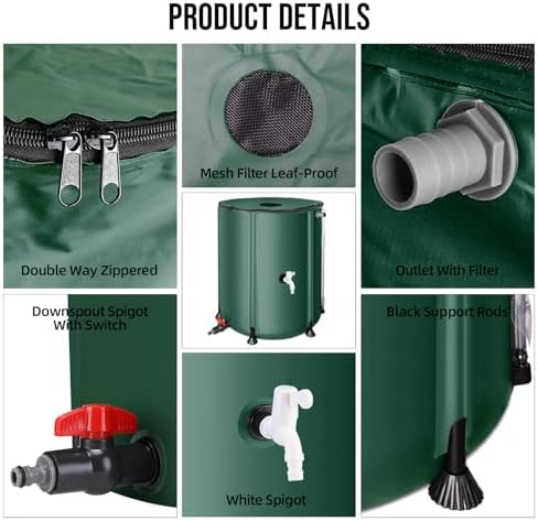 Collapsible Rain Barrel Water Collection System - 53 Gallon Portable Water Storage Tank,Foldable Rainwater Collect System Downspout, Water Catcher Container with Filter, Spigots＆Overflow Kit