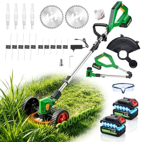 20000RPM Cordless Weed Wacker, 11" Cutting Range 4-in-1 Battery Powered Weed Eater, 21V Lightweight Brush Cutter, 800W String Trimmer Lawn Edger with 2 Batteries & LED Display