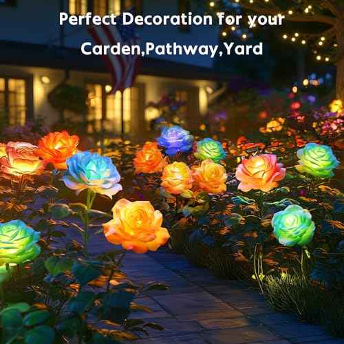 Solar Flower Lights Rose Decor: 6 Pack Solar Garden Lights Outdoor | Color Changing, Auto on off for 12-15h Lighting, IP65 Weatherproof, High-Efficiency Solar Panel for Yard Pathway Patio Decor