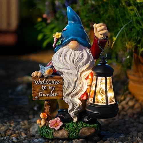Garden Gnome Statues Figurine Lights - Solar Powered Lighting Outdoor Decorations with Lantern & Welcome Sign, Yard Art Lawn Ornaments for Porch Patio Balcony - Gnome Gifts for Women Mom