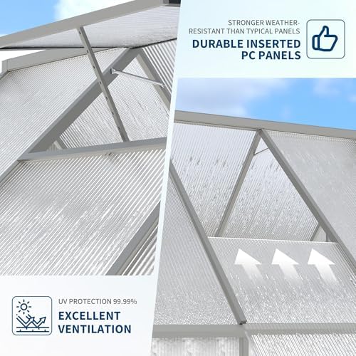 8x10 FT Greenhouse for Outdoors, Polycarbonate Greenhouse with Roof Vent, Lockable Door, Aluminum Walk-in Green Houses for Outside Garden Backyard, Sliver