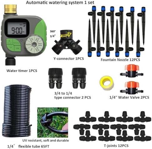 64FT Drip Irrigation Kit with Garden Timer Plant Watering System with Tubing Gushing Nozzles and Water Timer, Quick Connector Kits Easy to Assemble