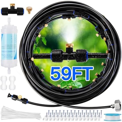 Misters for Outside Patio with Water Filter - 59Ft(18M) Misting system Line 20 Brass Mist Nozzles Brass Adapter(3/4") Patio Misters for Cooling Outdoor Greenhouse Backyard Porch Garden BBQ Party Pool