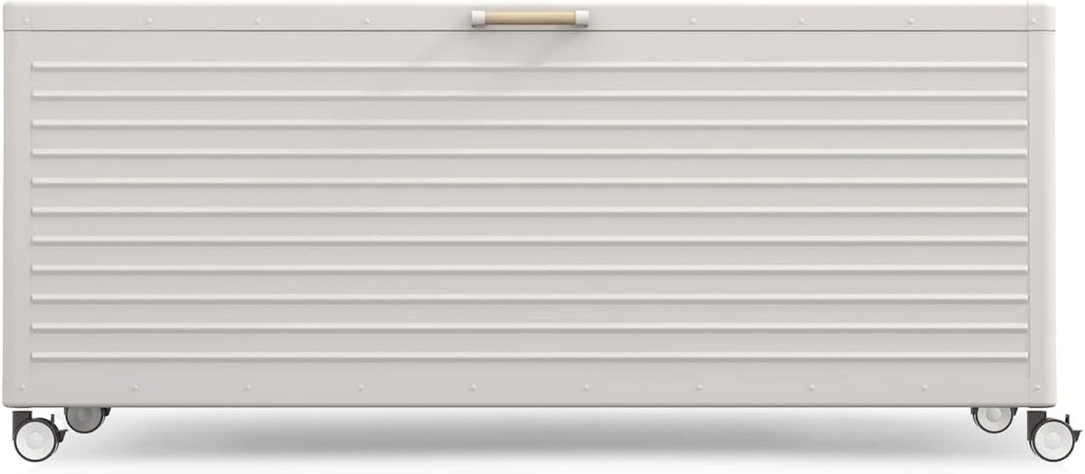281 Gallon Large Outdoor Metal Deck Box with Wheels, Storage Box with Lid for Patio Furniture, Garden Tools, Outdoor Cushion, Latte
