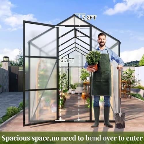 7.2FT High 6*10.2FT Greenhouse for Outdoors,Polycarbonate Greenhouse with Stronger Wind Protection and Roof Vent,Walk-in Large Aluminum Sunroom Winter Proof,Black