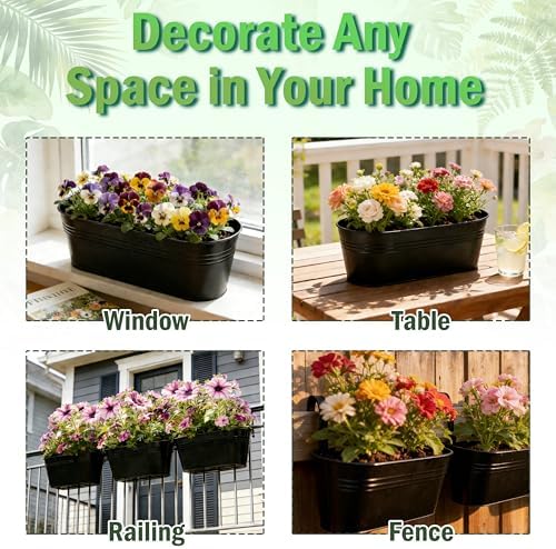 Metal Railing Planter Boxes 16 Inch, 3-Pack Adjustable Hanging Flower Pots for Balcony, Deck, Porch & Fence, Detachable Hook Design, Black Heavy Duty Planters for Outdoor
