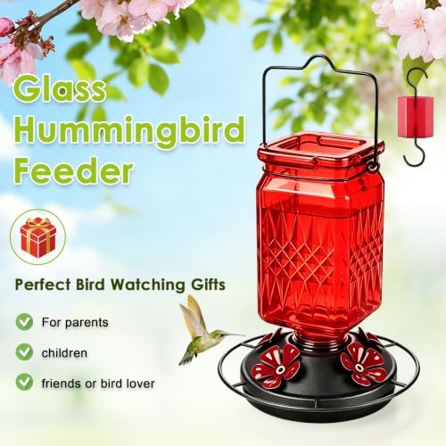 20oz Glass Hummingbird Feeder for Outdoors Hanging, Bird Nectar Feeder with 4 Bee Guard Flower-Shaped Feeding Ports & Built-in Ant Moat, for Bird Lover, Red (2 Pack)