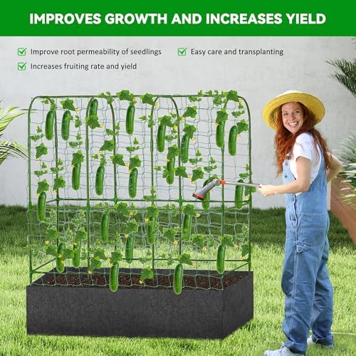 GENMOUS Garden Trellis for Climbing Plants, Cucumber Trellis with Grow Bag, 65 X 50 Inch Large Metal Trellis for Climbing Raised Bed Vegetable Outdoor