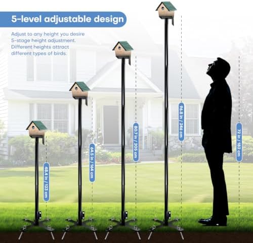 92 Inch Squirrel Proof Bird Feeder Pole with X shape Base Plate, Heavy Duty 1 Inch Dia Bird House Pole, Adjustable Multi-Hook Bird Feeding Station with Squirrel Baffle, Water Bowl & Mesh Tray