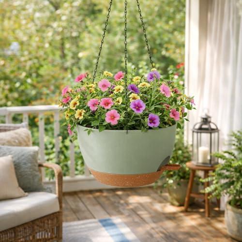 TYMENSH Hanging Plant Pots 12 Inch Set of 2, Self Watering Hanging Planters with Drainage Holes, Removable Saucer, Durable Plastic Flower Pots with Chains for Indoor Outdoor Plants, Green