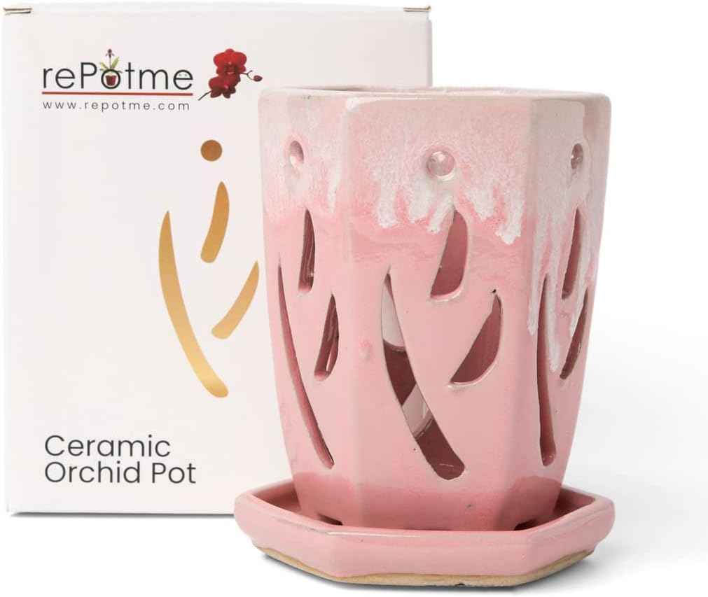 rePotme 4 x 6 inch Ceramic Orchid Pot (Cream Over Cotton Candy) - Hexagon Orchid Pot with Holes