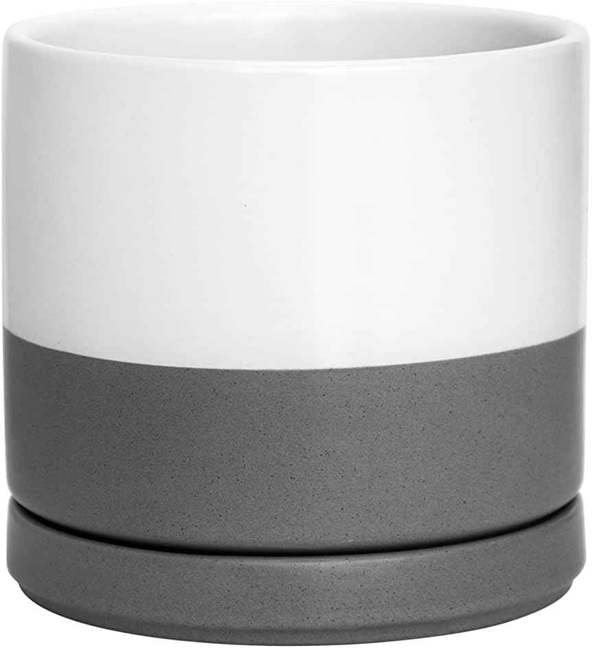 D'vine Dev Ceramic Planter Pot with Drainage Hole and Saucer, Indoor Cylinder Round Flower Pot, 4.6 Inch, White/Speckled Grey, 94-O-B-6
