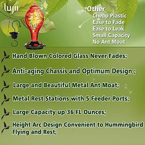 LUJII Hummingbird Feeders for Outdoors, Hand Blown Glass, Never Fade
