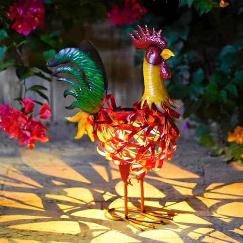 Solar Rooster Statue Garden Decor - 21.7 Inch Yard Decor & Perfect Rooster Gifts for Women, Outdoor/Indoor Red Rooster Decor - Stylish Metal Design (Rooster)