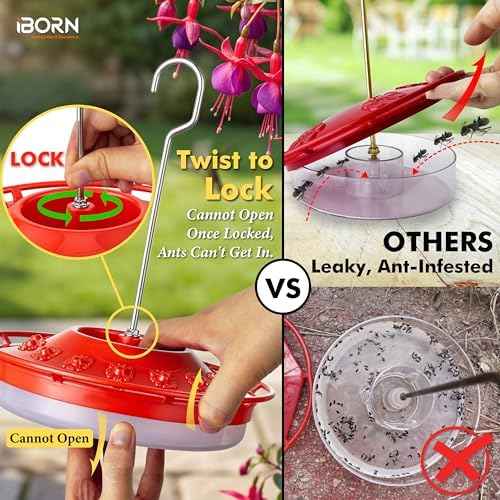 iBorn Hummingbird Feeders for Outdoors Hanging,Bee Proof Hummingbird Feeder with 14 Feeding Ports,13 OZ Saucer Humming Bird Feeders with Ant Moat,Ant Proof No Leak,Easy to Clean and Refill,Red,1 Pack