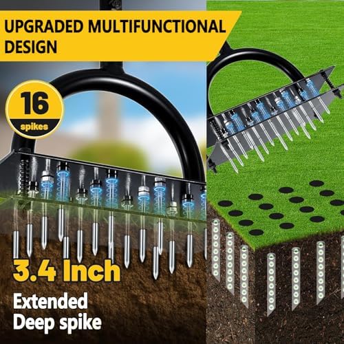 Lawn Aerator Tool with 16 Steel Spikes, Grass Aerator Lawn Tools with Spring-Loaded Design & Adjustable T-Handle, Pre-Assembled Hand Aerator Lawn Tool for Lawn, Courtyard and Garden