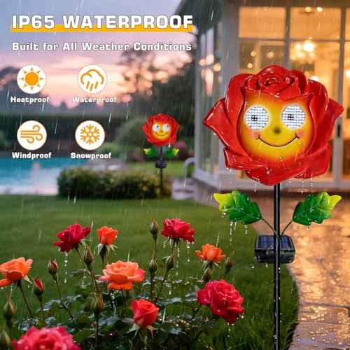 Solar Garden Light Waterproof Smile Rose Decor with Moving Eyes | Iron construction, for garden yard patio, solar powered, animated moving eyes smile, gift for mom grandma,Christmas decor
