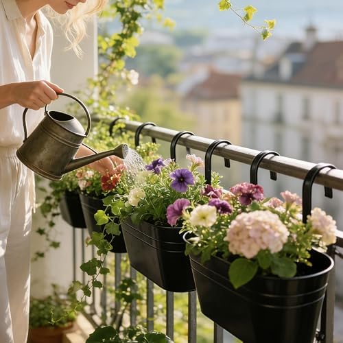 Metal Railing Planter Boxes 16 Inch, 3-Pack Adjustable Hanging Flower Pots for Balcony, Deck, Porch & Fence, Detachable Hook Design, Black Heavy Duty Planters for Outdoor