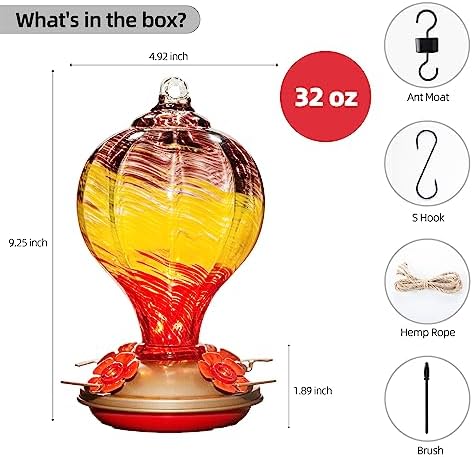 Gifts for Women Hummingbird Feeders, 34OZ Hand Blown Glass Hummingbird