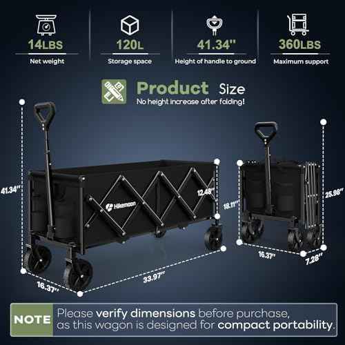 HIKEMOON 34'' Extra Long Folding Portable Wagon Cart, 120L 360LBS Black