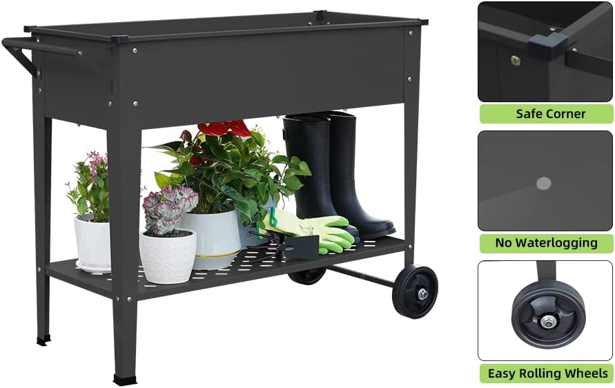 Raised Planter Box Outdoor with Legs Elevated Raised Garden Bed with Wheels Flower Boxes Outdoor Standing Planter for Vegetables Flowers Herbs Planting,Black