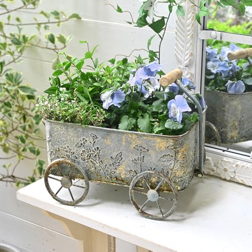 Vintage Flower Cart with Wooden Handles Metal Wagon Planter Blue