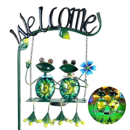 Solar Lights Outdoor Waterproof, Frog Swing Garden Decor, Frog Decorative Stake with Welcome Sign Landscape Patio Yard Gifts for Women Mom (48 inch)