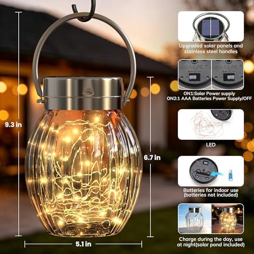2 Pack 9.3 Inch Solar Hanging Glass Globe Lanterns Outdoor Waterproof