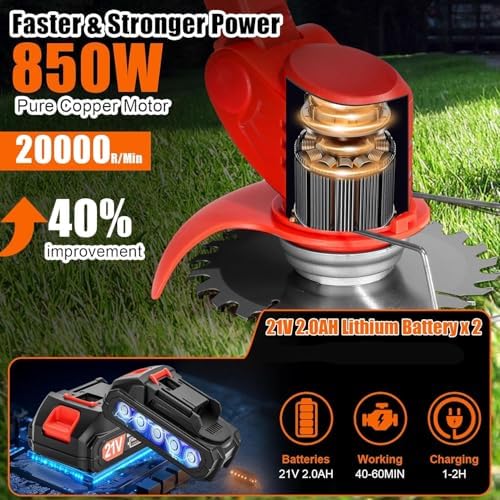 Electric Weed Wacker Cordless, 21V Lightweight Stringless Weed Wacker, Weed Trimmer, 3-in-1 Grass Trimmer/Brush Cutter/Edger, with Wheels,2pcs Batteries&4 Types Blades for Thick Weeds&Yard Garden
