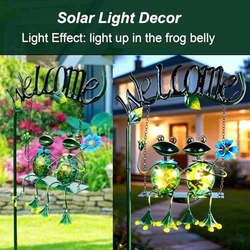 Solar Lights Outdoor Waterproof, Frog Swing Garden Decor, Frog Decorative Stake with Welcome Sign Landscape Patio Yard Gifts for Women Mom (48 inch)