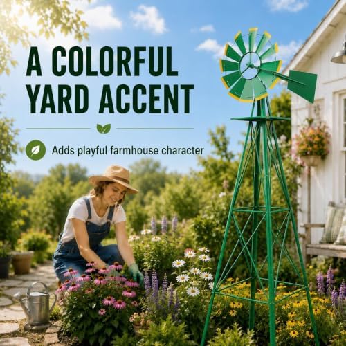 8FT Windmill for Yard Garden Decoration，Heavy Duty Outdoor Wind Mills, Large Metal Outdoor Windmill, Weather Resistant,Green