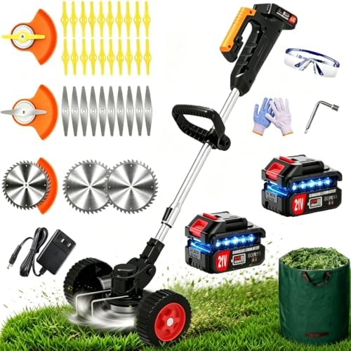 Electric Weed Wacker, Cordless Weed Eater Battery Powered, 21V No String Trimmer with Wheels & Metal Blades, Lightweight Grass Trimmer/Brush Cutter/Lawn Edger, Stringless Weed Trimmer for Yard Garden