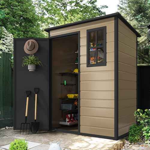 DWVO 5x3ft Resin Outdoor Storage Shed with Floor, Waterproof Lockable Storage Shed with Window, Plastic Outside Tool Storage for Garden, Backyard, Patio, Lawn, Brown