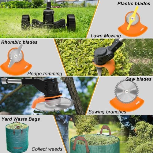 Electric Weed Wacker, Cordless Weed Eater Battery Powered, 21V No String Trimmer with Wheels & Metal Blades, Lightweight Grass Trimmer/Brush Cutter/Lawn Edger, Stringless Weed Trimmer for Yard Garden