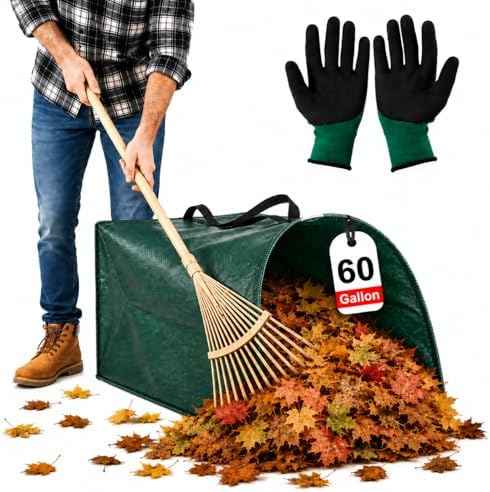 60 Gallon Leaf Collector, Collapsible Large Yard Dustpan-Type Lawn and Leaf Bags, Standable Reusable Garden Waste Bags for Leaves, Yard Debris and Grass Clippings (Gift Garden Gloves)