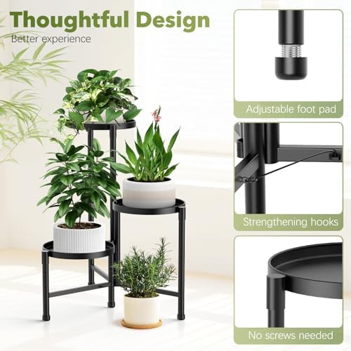 3 Tier Corner Plant Stand Indoor Outdoor, Metal, 10 Inch Wide Tray, Black