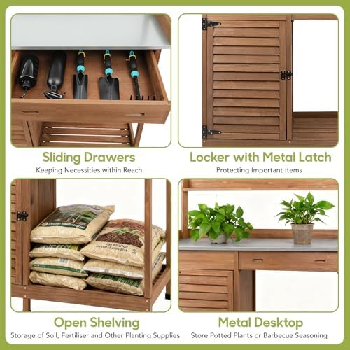 Outdoor Potting Bench Table, Wooden Weatherproof Garden Work Station with Sliding Drawer, Metal Table Top, Metal Hooks, Large Bottom Shelf, Open Shelf, Tool Hooks