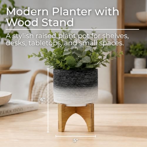 Modern Ceramic Planter with Wooden Stand – Stoneware Plant Pot Holder